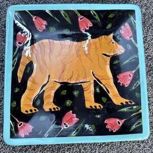 Droll Designs Hand Painted Decorative Square Plate - Bear & Flowers 11.25"